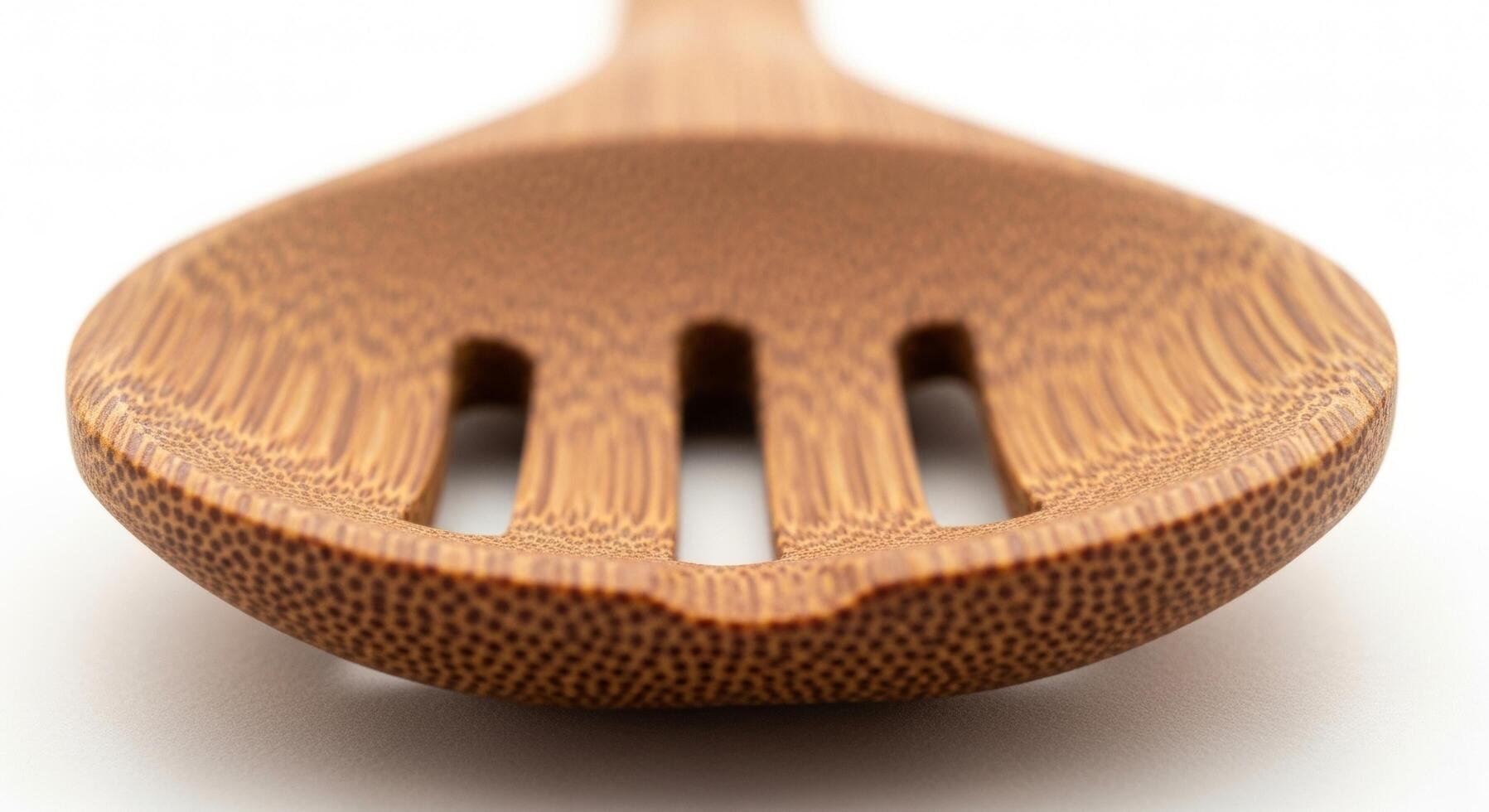 Close-up of a bamboo slotted spoon showing the wood grain and three slots photo