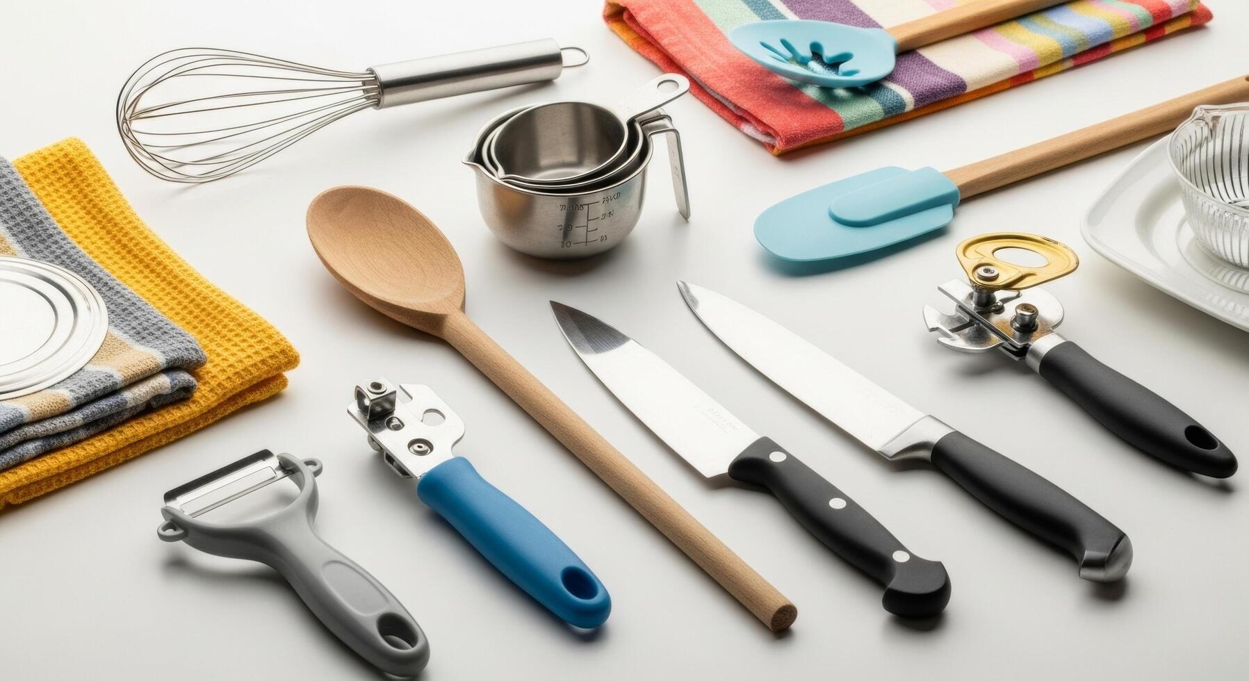 Kitchen Utensils Still Life Culinary Tools Arranged on White Surface photo