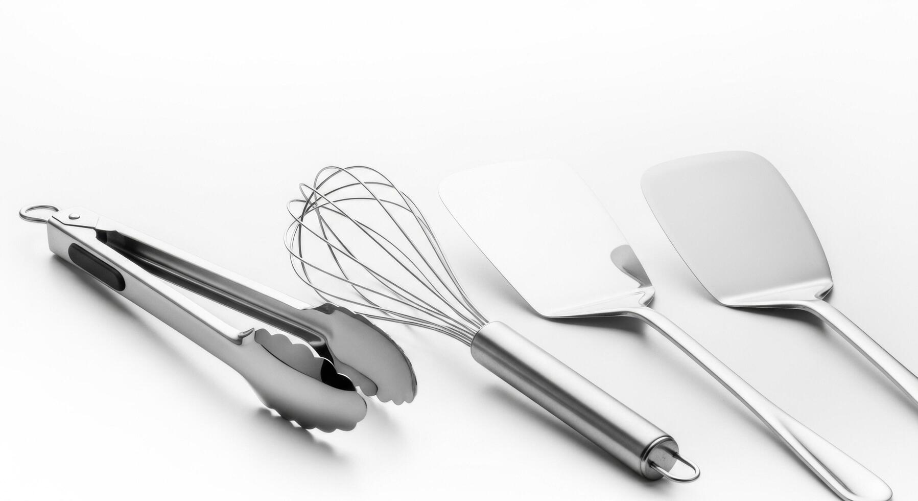 Gleaming stainless steel kitchen utensils tongs, whisk, and spatulas on white photo