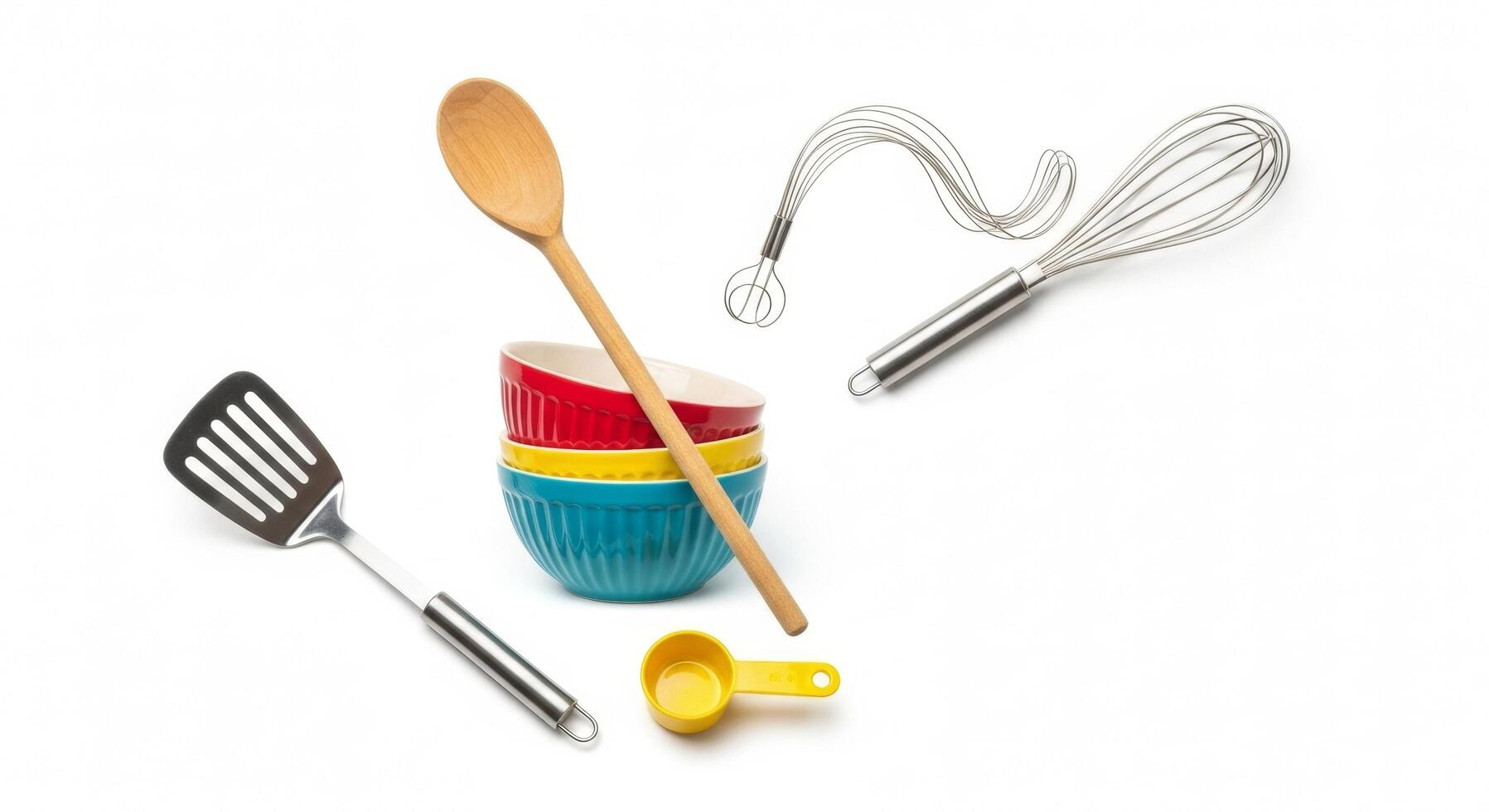 Colorful Kitchen Utensils Bowls, Spatula, Spoon, Whisk, and Measuring Cup on White Background photo