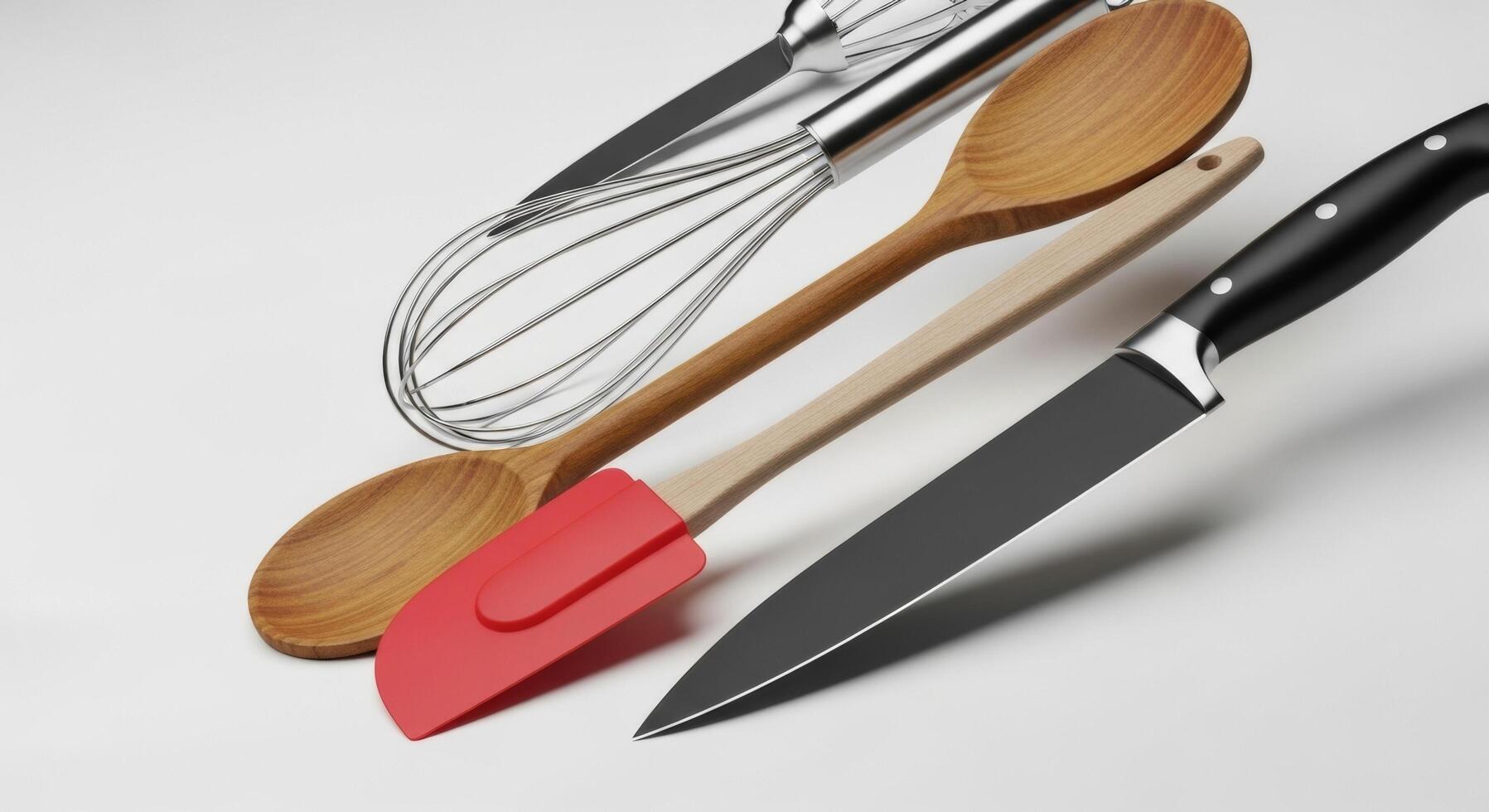 Kitchen Utensils Whisk, Wooden Spoon, Spatula, and Chef's Knife on White Background photo