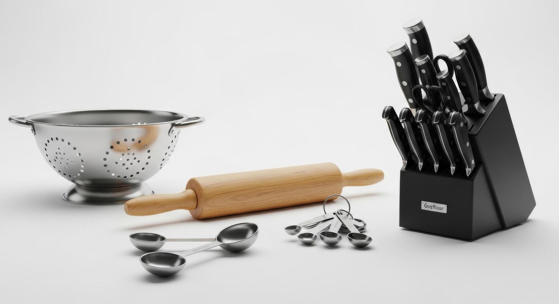 Kitchen Utensils Still Life Colander, Rolling Pin, Measuring Spoons, and Knife Block photo