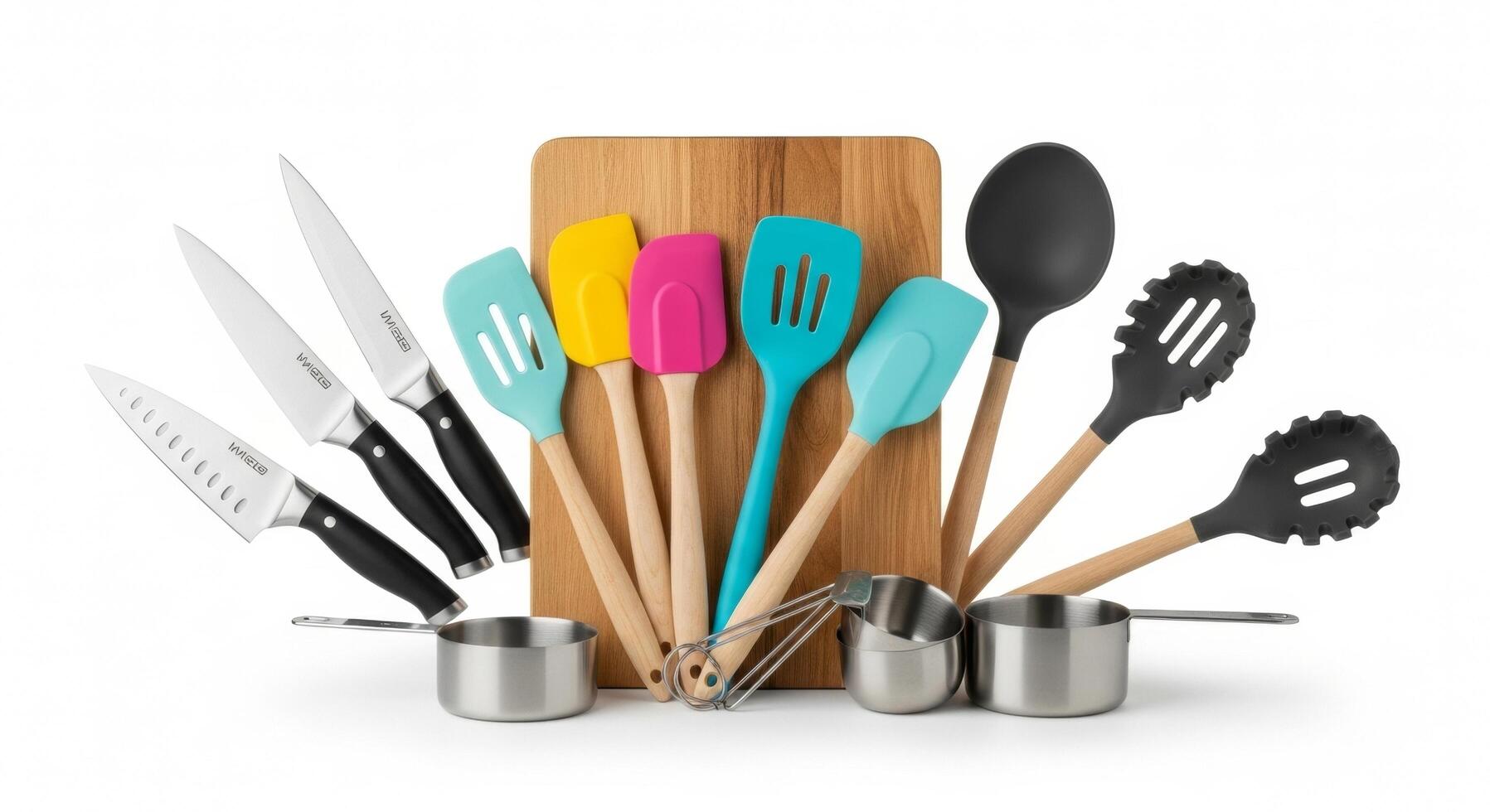 Kitchen Utensils Set Knives, Spatulas, Ladles, and Measuring Cups on White Background photo