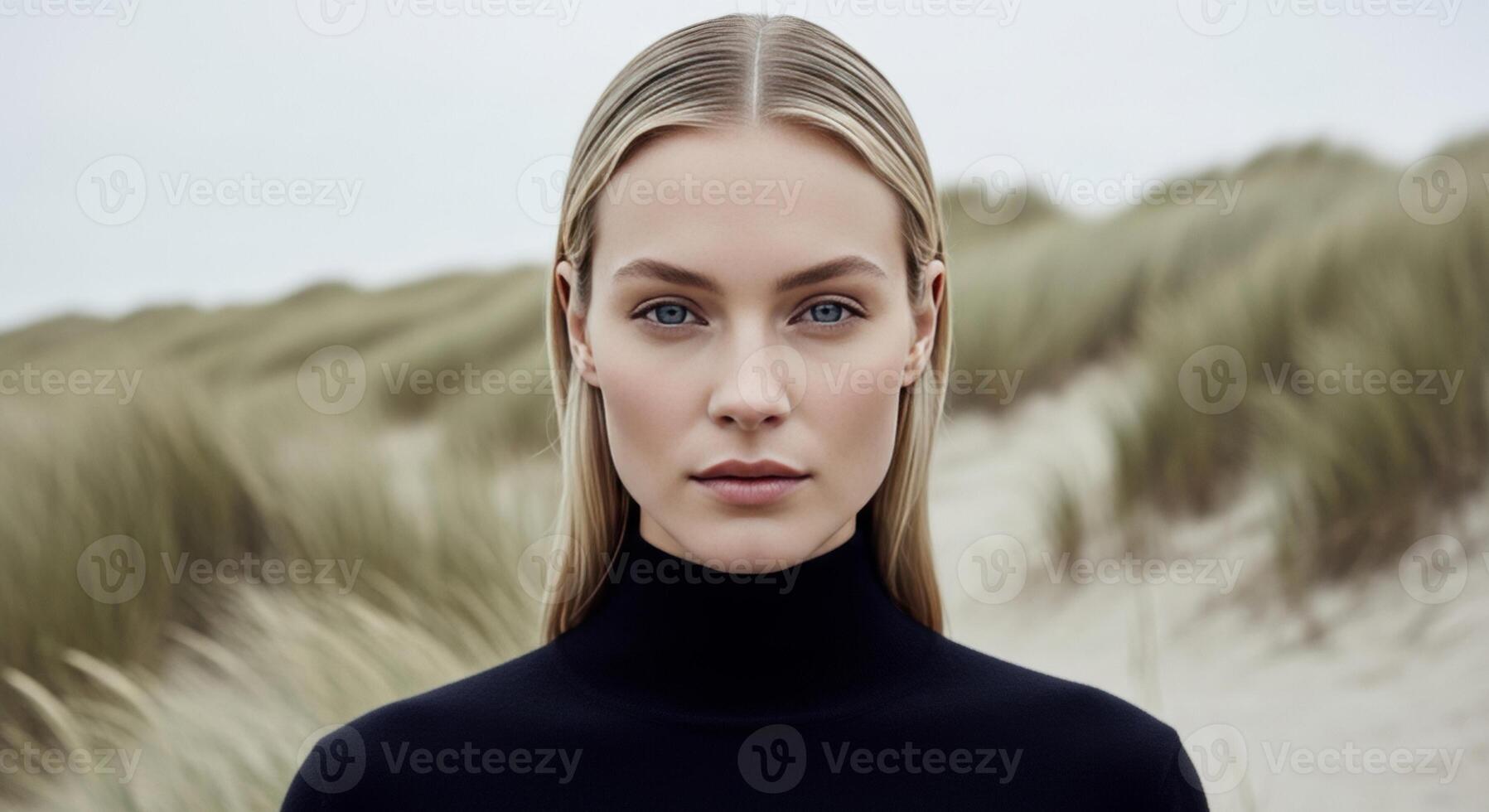Portrait of a Beautiful Blonde Woman with Blue Eyes Outdoors photo