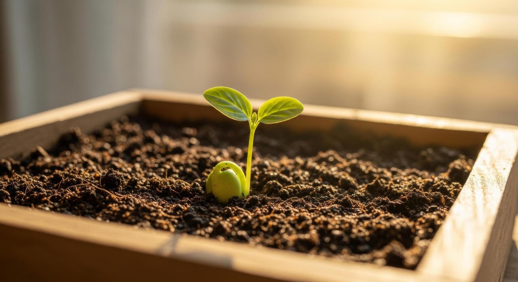 Seedling Emerges A New Life in Rich Soil Bathed in Warm Sunlight photo