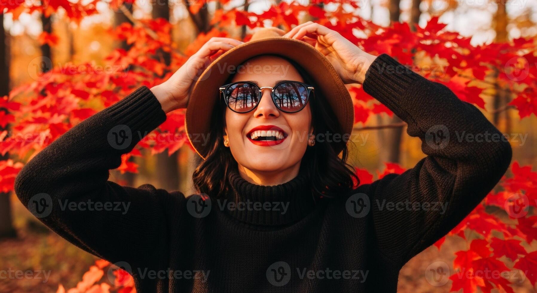 Joyful Autumn Woman Smiling in Fall Foliage with Reflected Trees photo