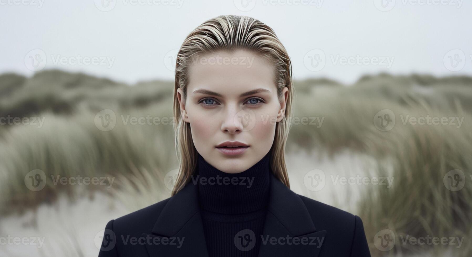 Striking Portrait of a Blonde Woman with Slicked-Back Hair and Intense Gaze photo