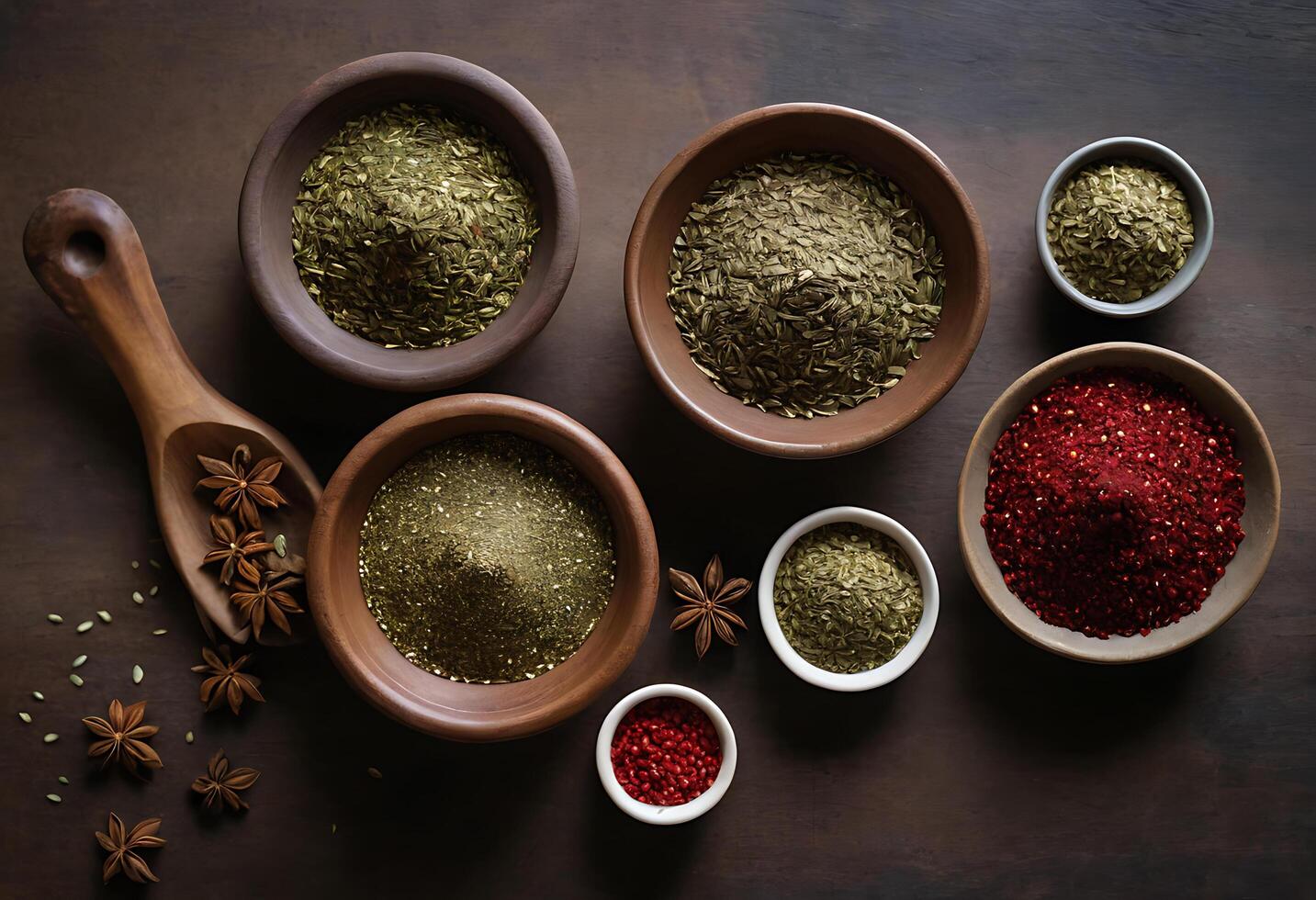 Various spices and herbs in bowls on a wooden table photo