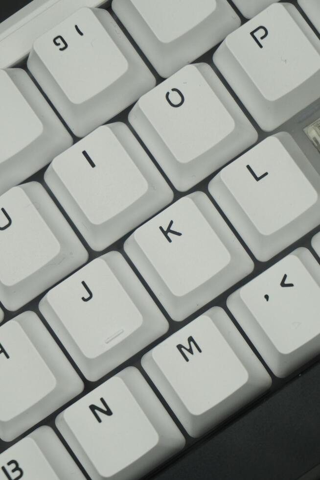 The keycaps of a white mechanical keyboard with a monochrome theme that looks clean photo