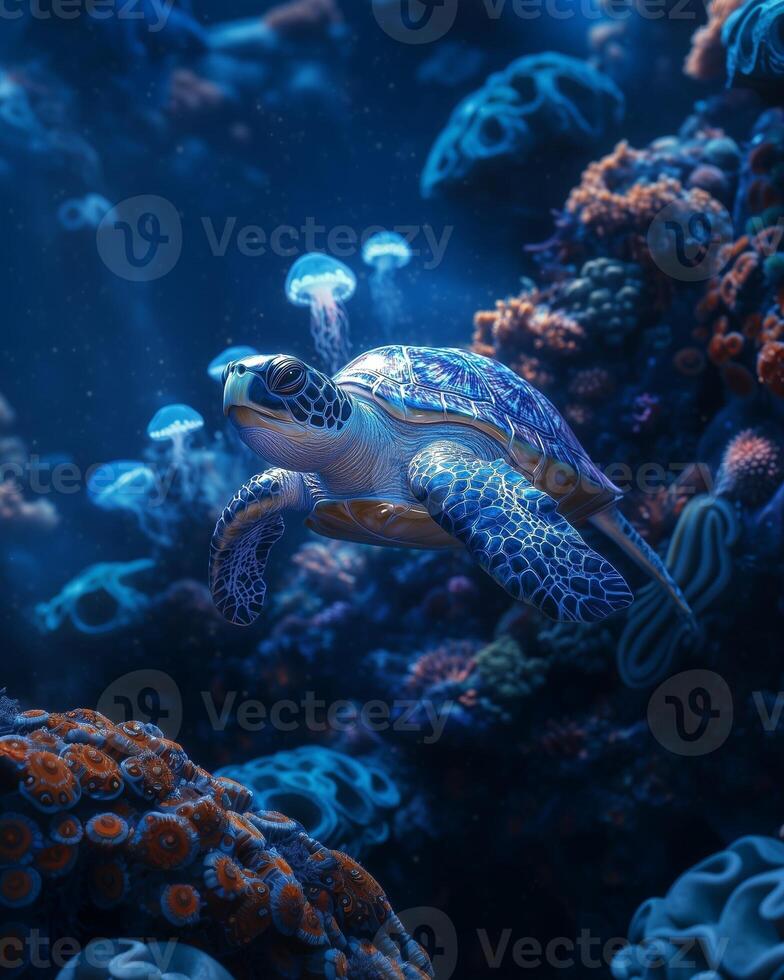 large blue turtle in the depths of the ocean.The turtle's shell is covered with Gzhel-style pattern. photo