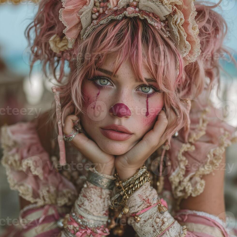 Sad woman portrait with pink clown makeup. photo