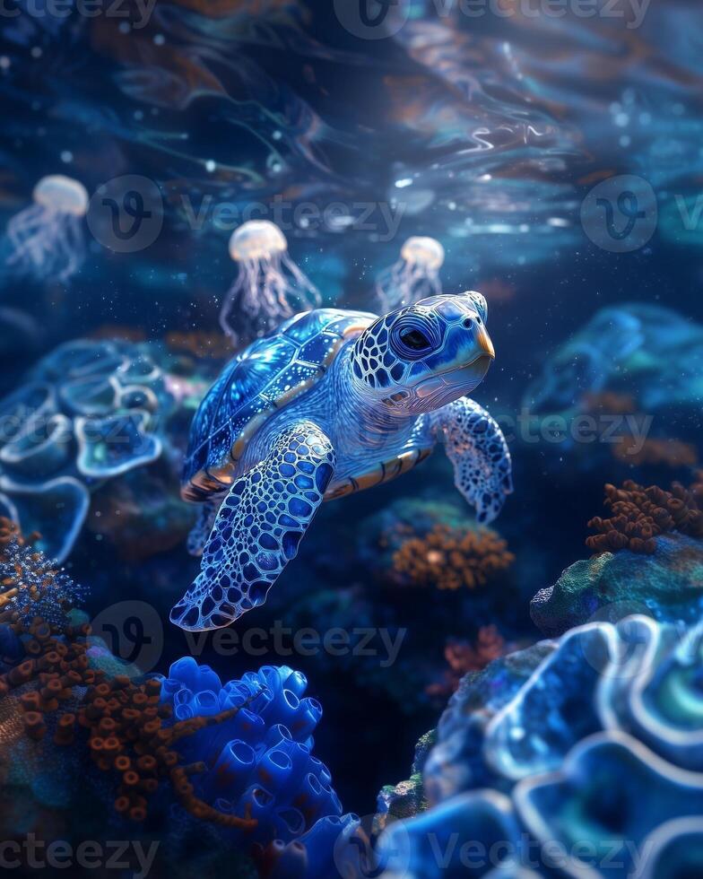 Photo of a large turtle in the depths of the sea.The turtle's shell is covered with an unusual Gzhel-style pattern.
