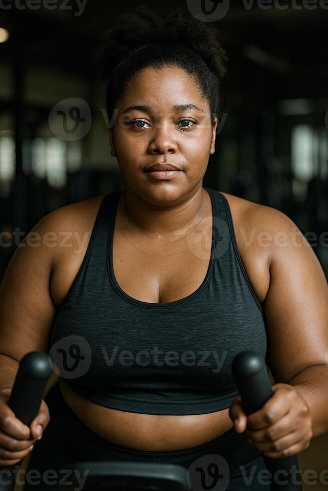 001 Authentic Plus-Size Woman Training in Gym. Realistic Fitness Lifestyle Photography photo