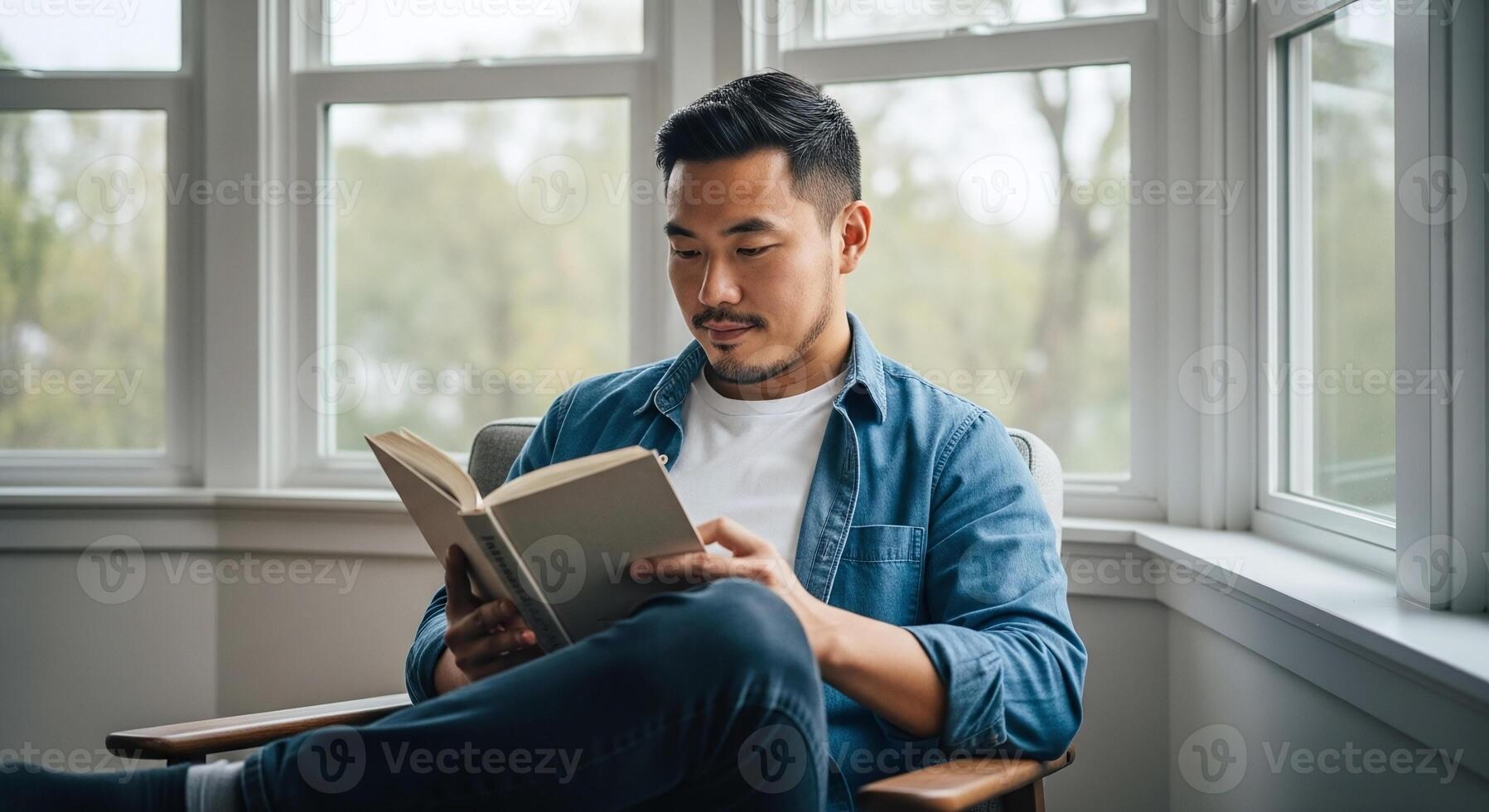 A man is reading a book while sitting in a chair photo