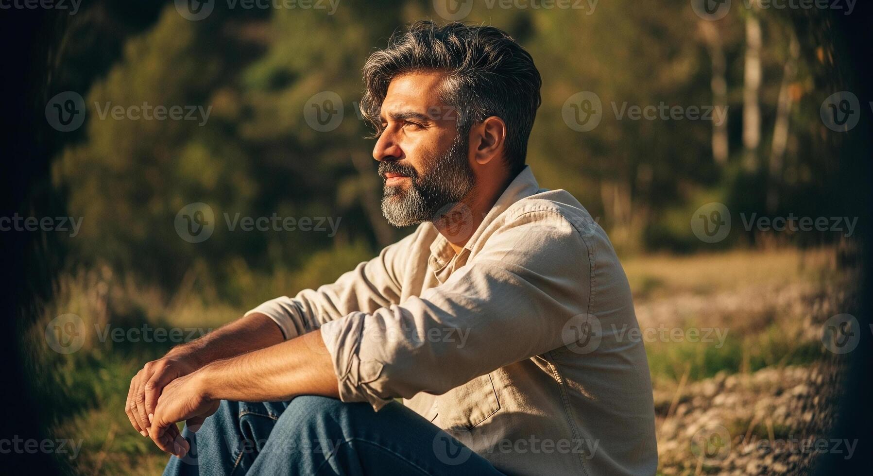 A man with a beard sitting on the ground photo