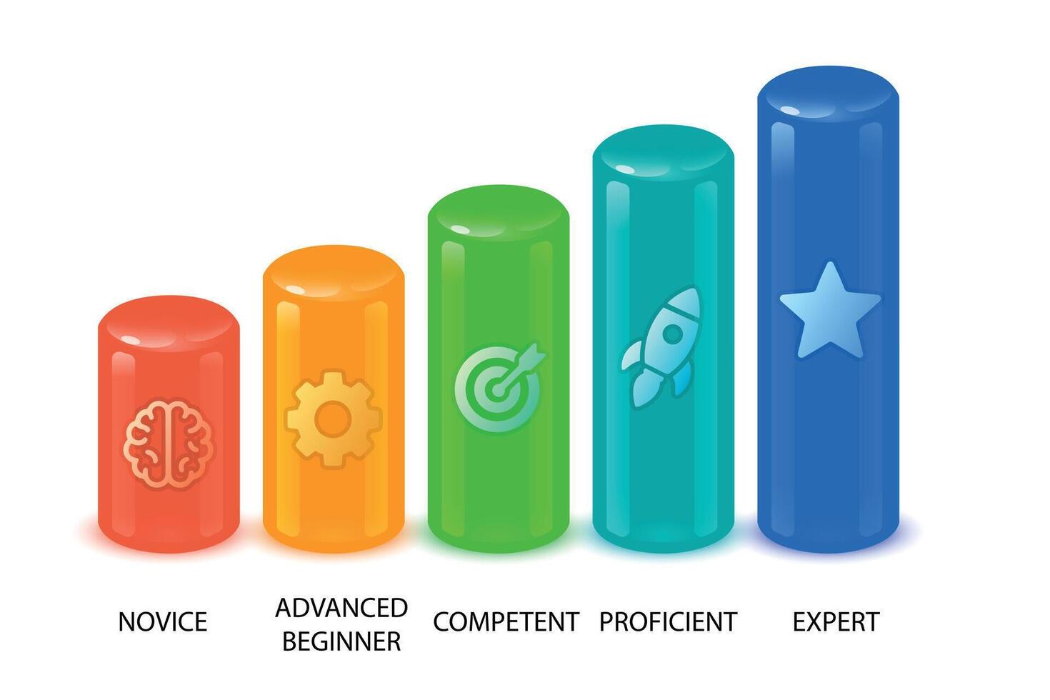 Skill level bar chart from novice to expert with icons vector