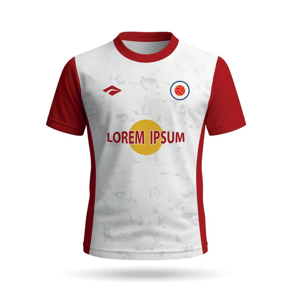 3d realistic soccer jersey in red-white style, football club shirt template vector
