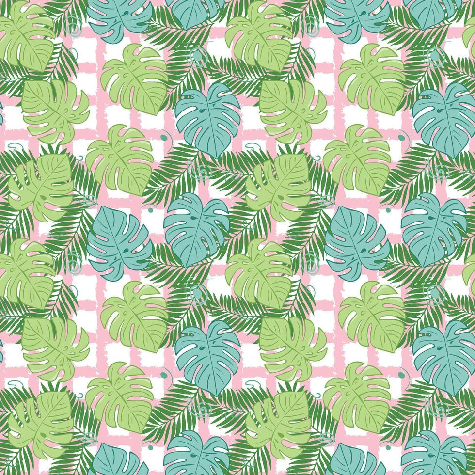 Tropical leaves and palm trees on pink and green background vector