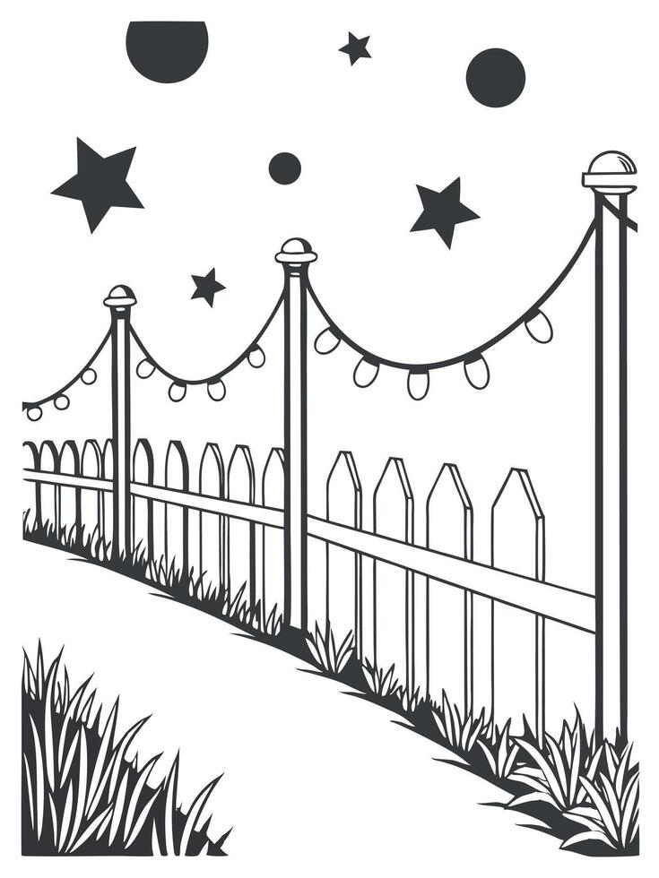 A black and white drawing of a fence and stars vector