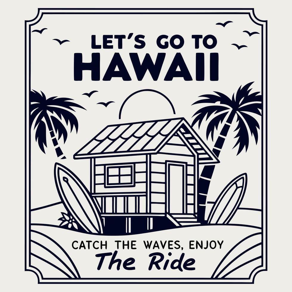 Vintage hawaii poster with surfboard and palm trees vector