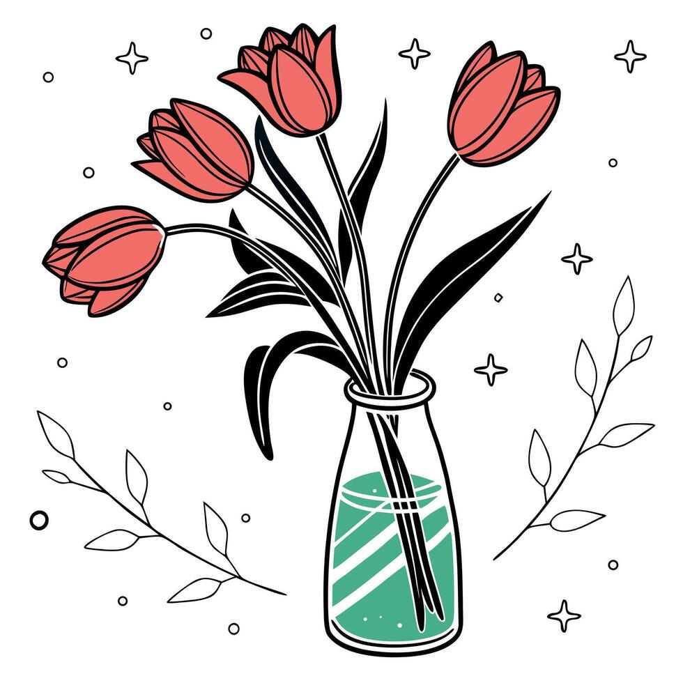 A vase with red tulips in it vector
