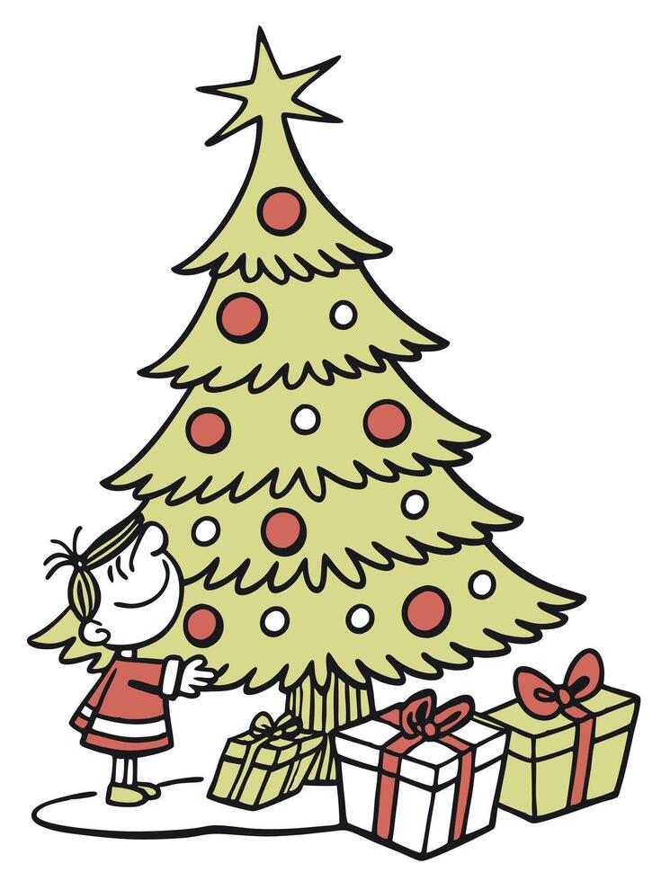 A cartoon girl standing near a christmas tree with presents vector