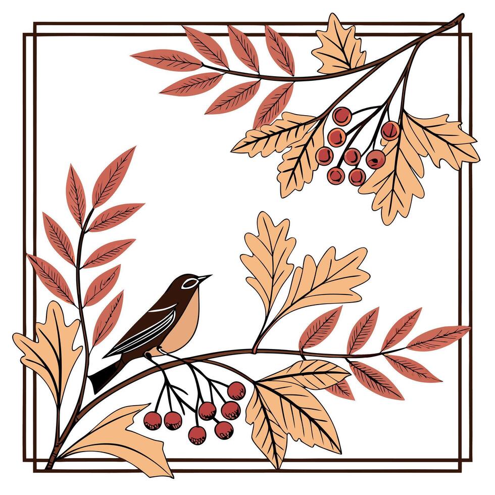 Autumn bird on branch with berries illustration vector