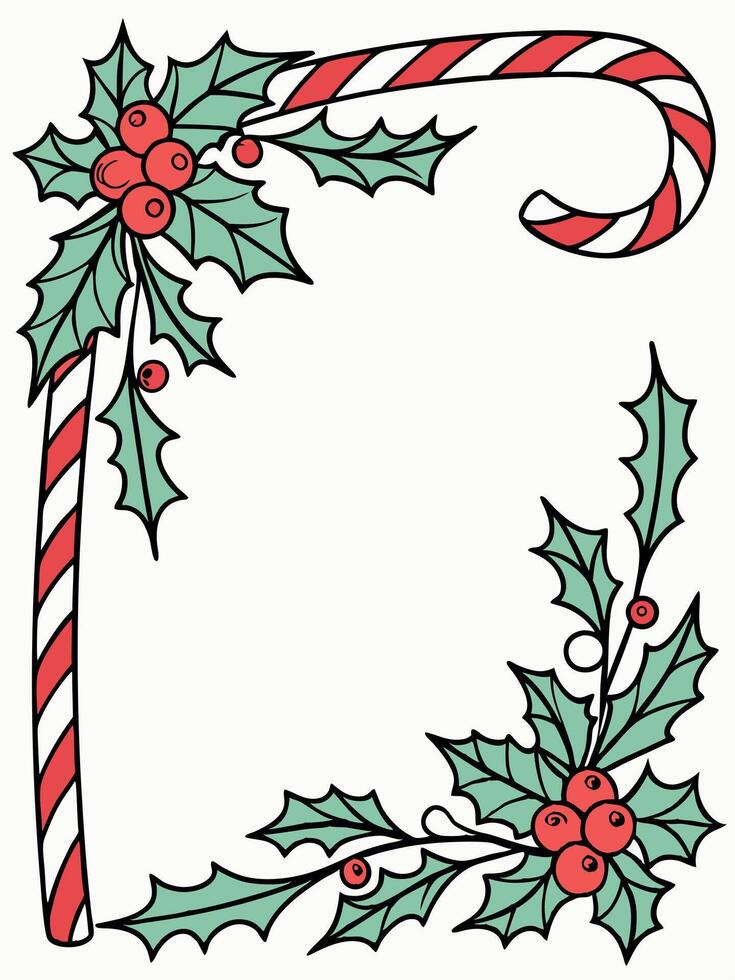 A christmas candy cane frame with holly leaves and berries vector