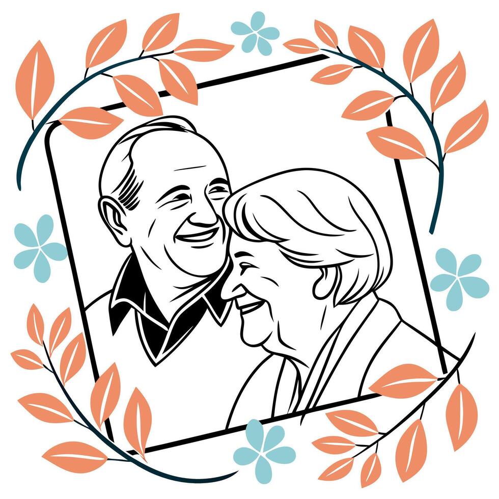An elderly couple in a floral frame vector