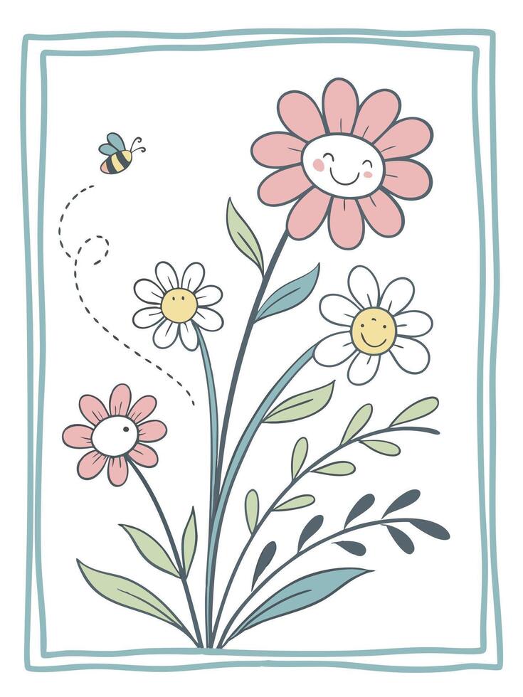 A card with flowers and a bee vector