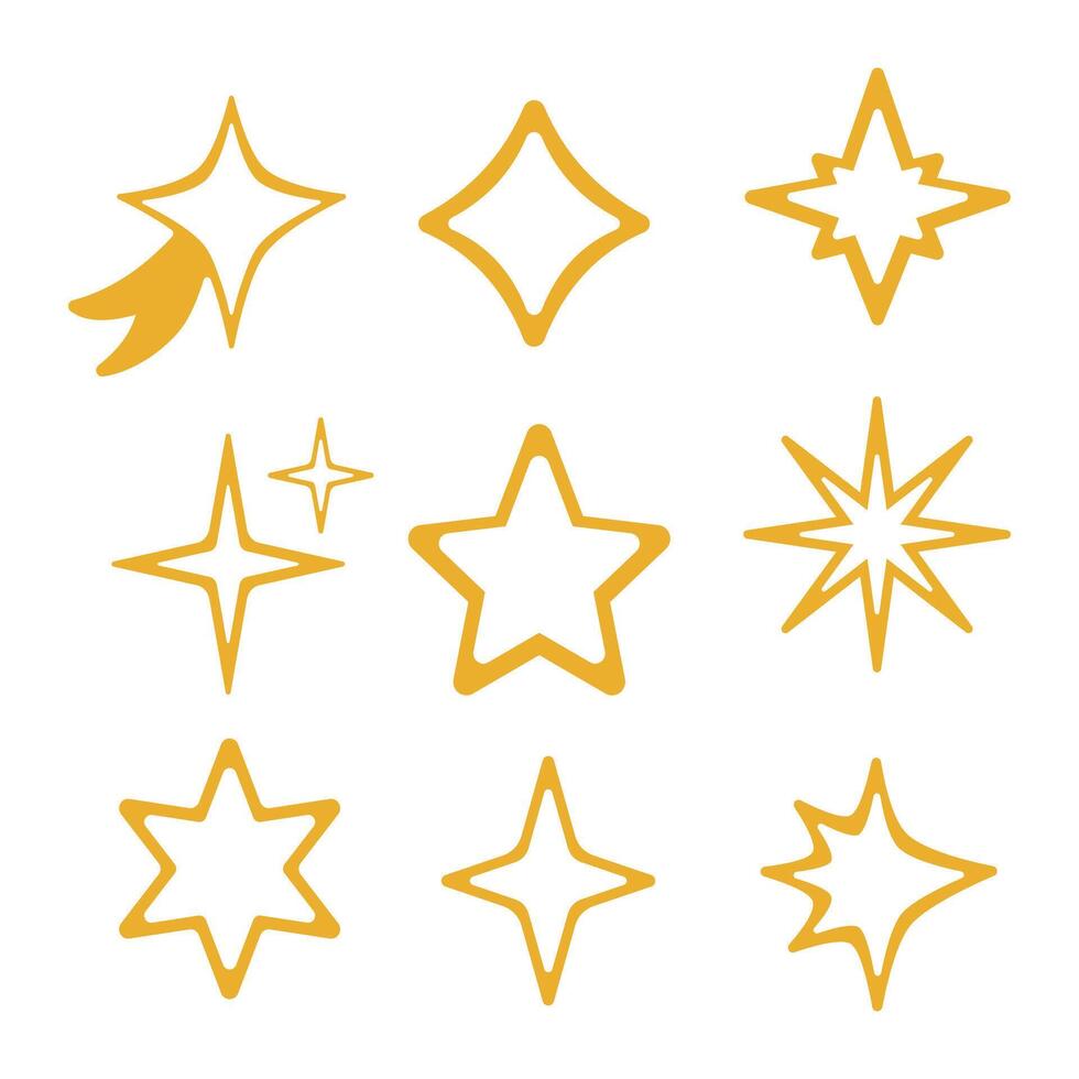 Golden linear stars with different geometric outlines on black background, featuring symmetrical and stylized celestial designs in an elegant minimalist style. vector
