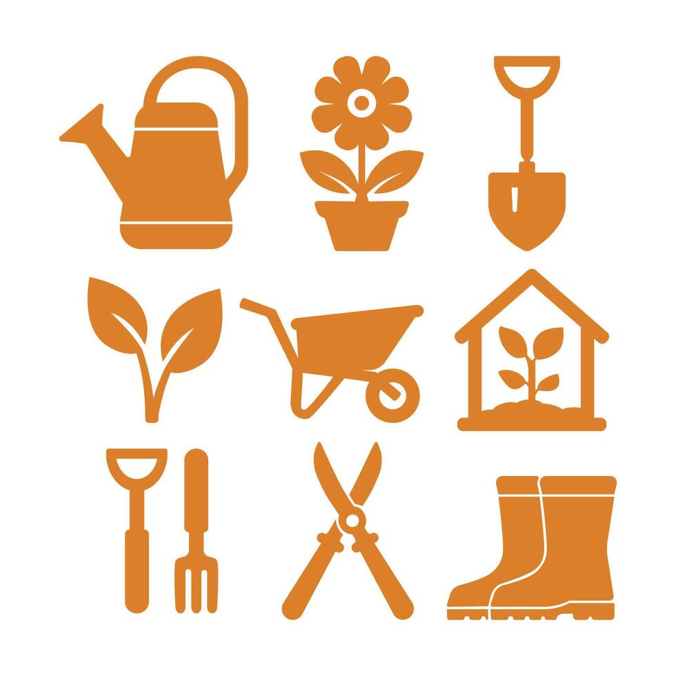 Gardening icons such as a watering can, potted flower, shovel, sprouting plant, wheelbarrow, greenhouse, hand shovel, garden fork, pruning shears, and rubber boots. For farming, horticulture designs. vector