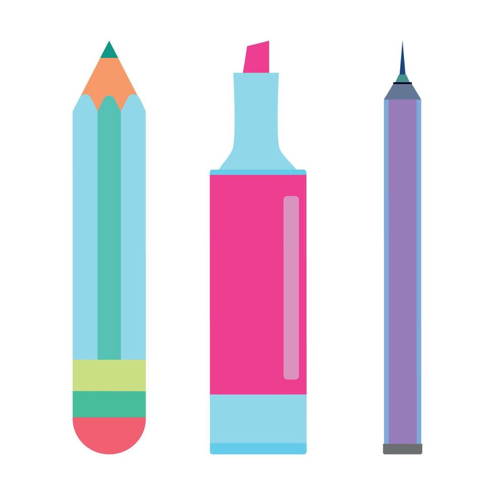 Colorful stationery items, including a pencil, a highlighter, and a pen. Minimalist design with bright, vibrant colors on a white background. Perfect for education, office, creative design concepts. vector