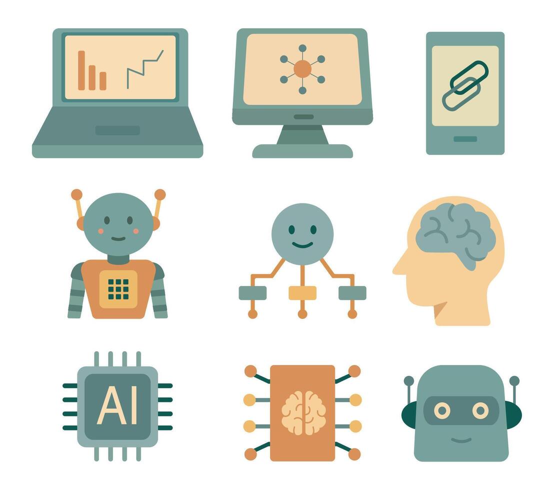 Flat design icons set featuring artificial intelligence, robots, neural networks, and computers. Includes chips, brains, and machine learning elements in soft pastel tones. Perfect set for socials vector