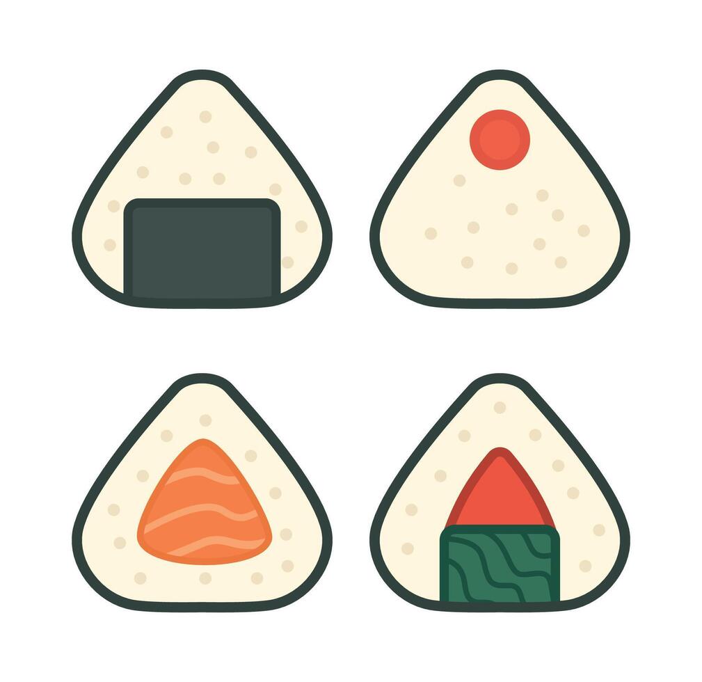 Cute onigiri rice balls with different fillings like seaweed, red fish, salmon, and umeboshi. Japanese food theme in flat style. vector