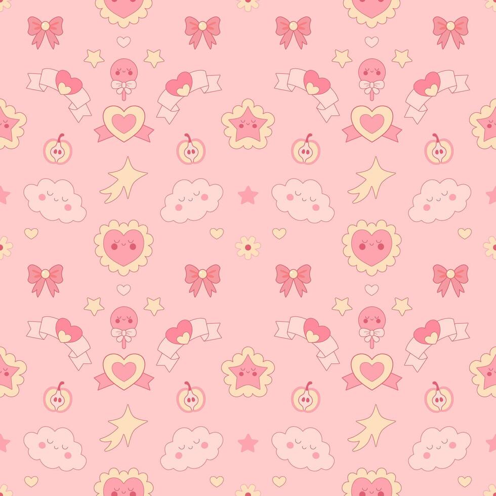 Seamless pattern with kawaii sweets on pink. Cute seamless repeat with donuts, clouds, bows and candy in pastel style. vector