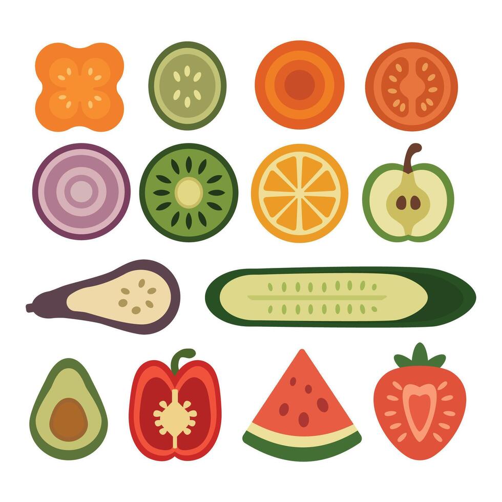 Set of colorful flat sliced fruits and vegetables, including tomato, cucumber, lemon, watermelon, avocado, and others. Healthy and fresh. vector