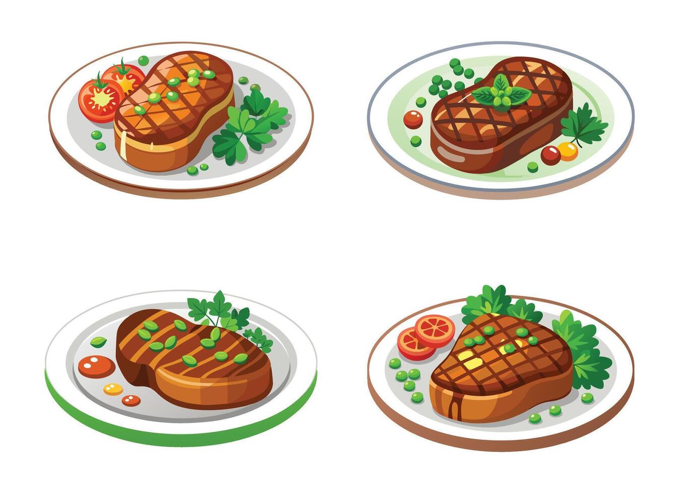 Set of four plates with meat, vegetables and tomatoes vector