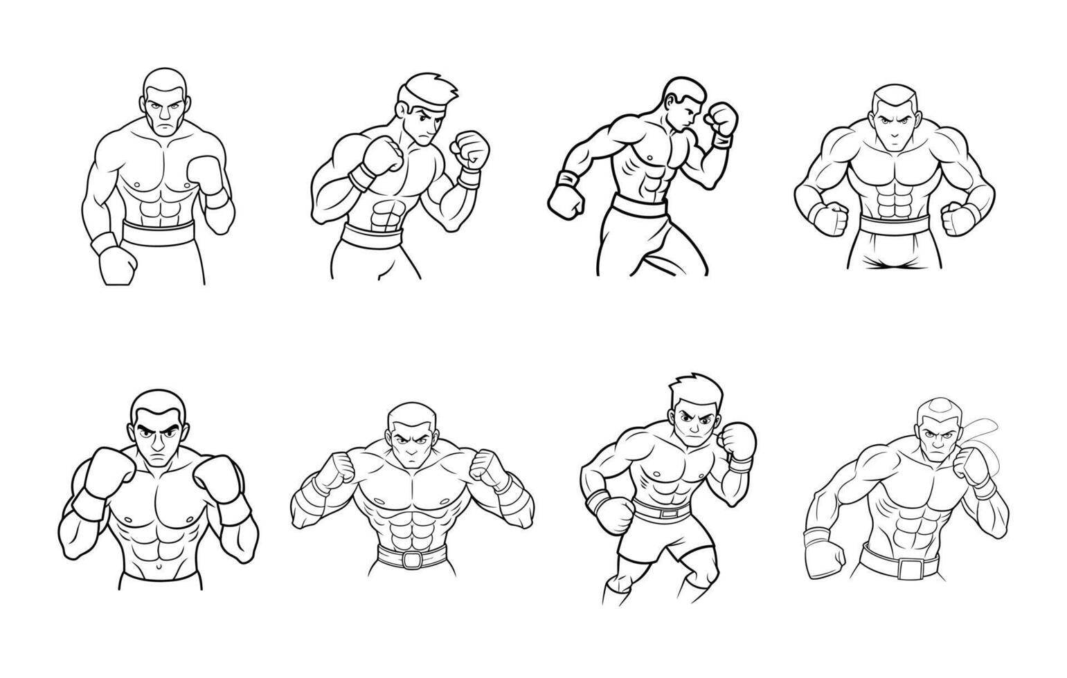 Silhouette boxing player set, illustration black and white vector