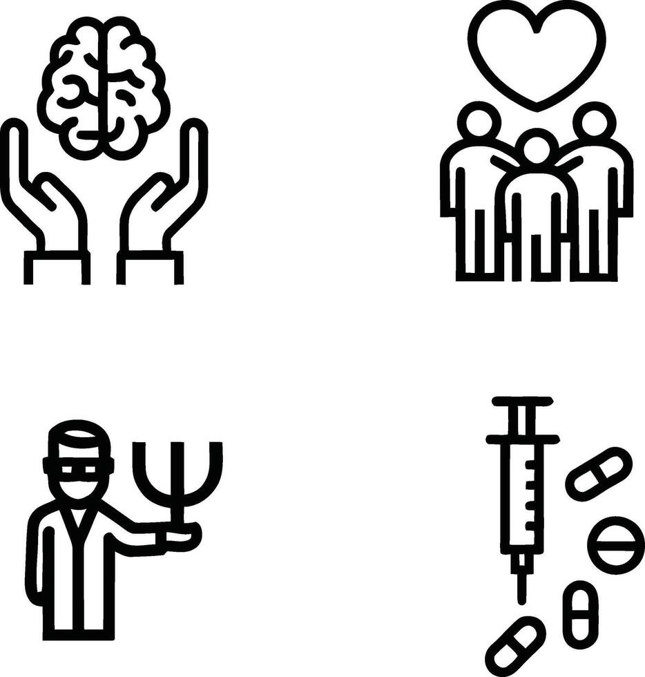 Healthcare Icons Set Depicting Mental Wellness, Family Support, and Treatment vector