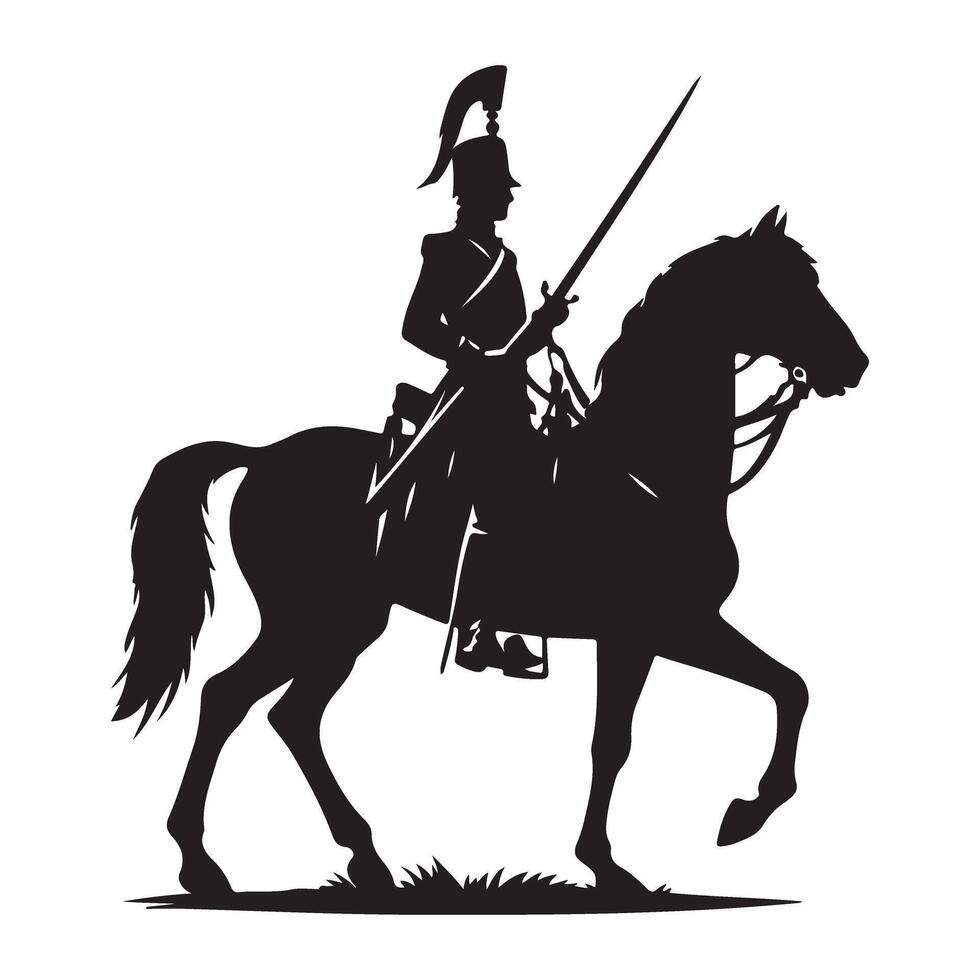Majestic Silhouette Illustration of Napoleonic Cavalry Officer on Horseback vector