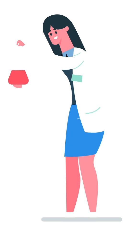 Female scientist wearing a lab coat conducting a chemical experiment, adding reagent to a flask, highlighting the dynamic nature of science and pharmaceutical research vector