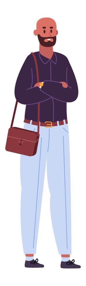 Full length portrait of a confident businessman standing with arms crossed, wearing a shoulder bag, exuding professionalism and success in the corporate world vector