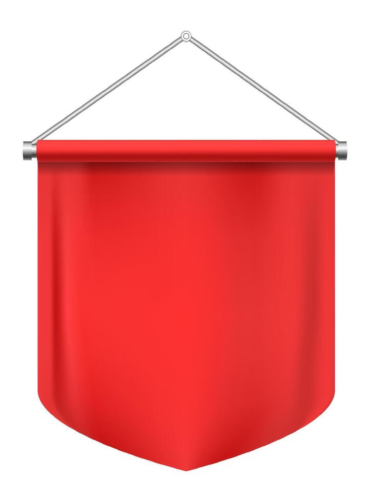 Red rectangular pennant with a pointed end hanging from a metallic support against a white background, creating a striking and memorable visual perfect for advertisements and announcements vector
