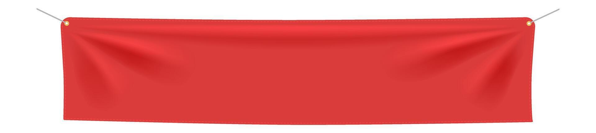 Red textile banner hanging gracefully against a clean white background, supported by two metallic wires with eyelets, perfect for displaying messages or designs in various contexts vector