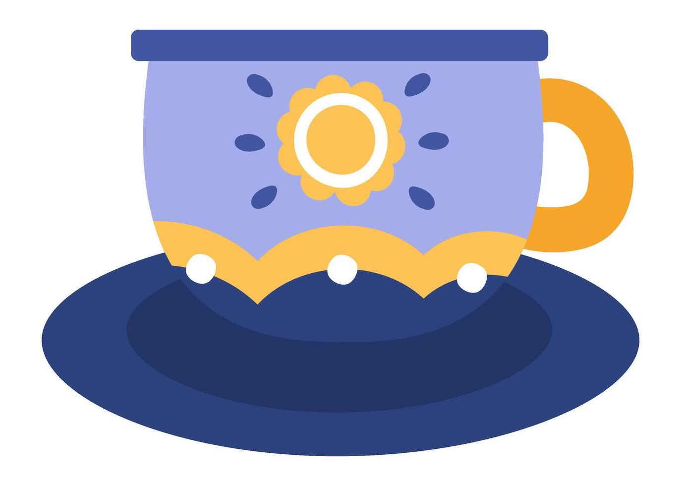 Purple teacup featuring a vibrant yellow handle and cheerful sun decor, resting gracefully on a saucer, embodying the essence of cozy breakfasts and cherished tea time rituals vector