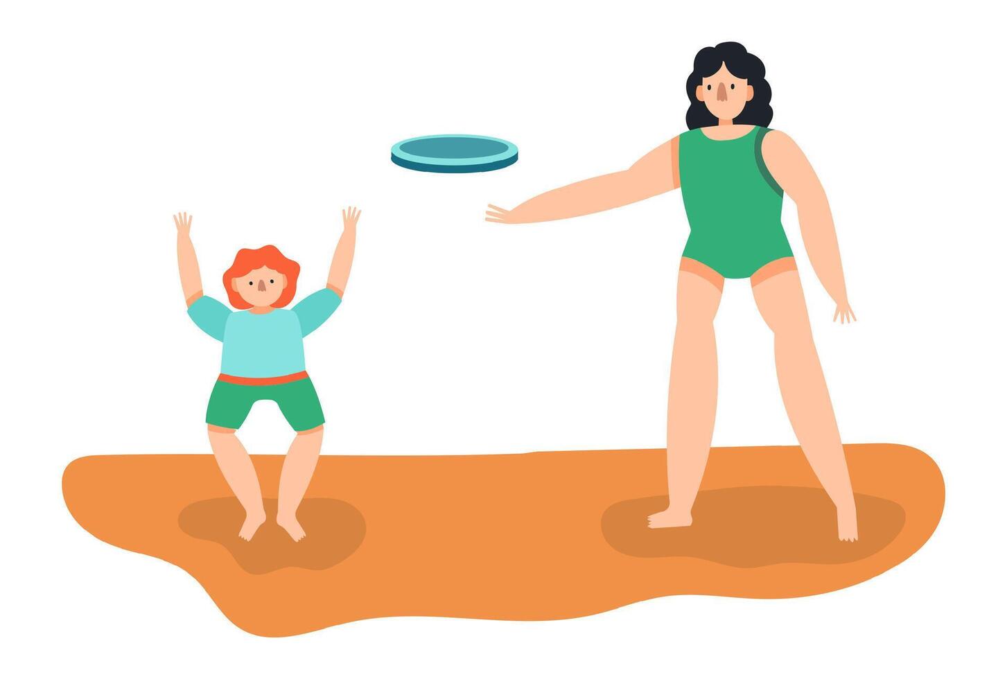Mother and son enjoying a playful game of frisbee on the beach, with the child leaping into the air, eagerly trying to catch the frisbee thrown by his mother vector