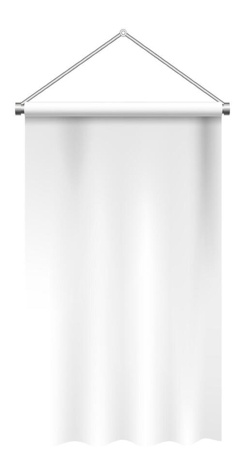 White vertical banner hanging on a metallic support with two screws, isolated against a clean white background, offering ample space for customization and design possibilities vector