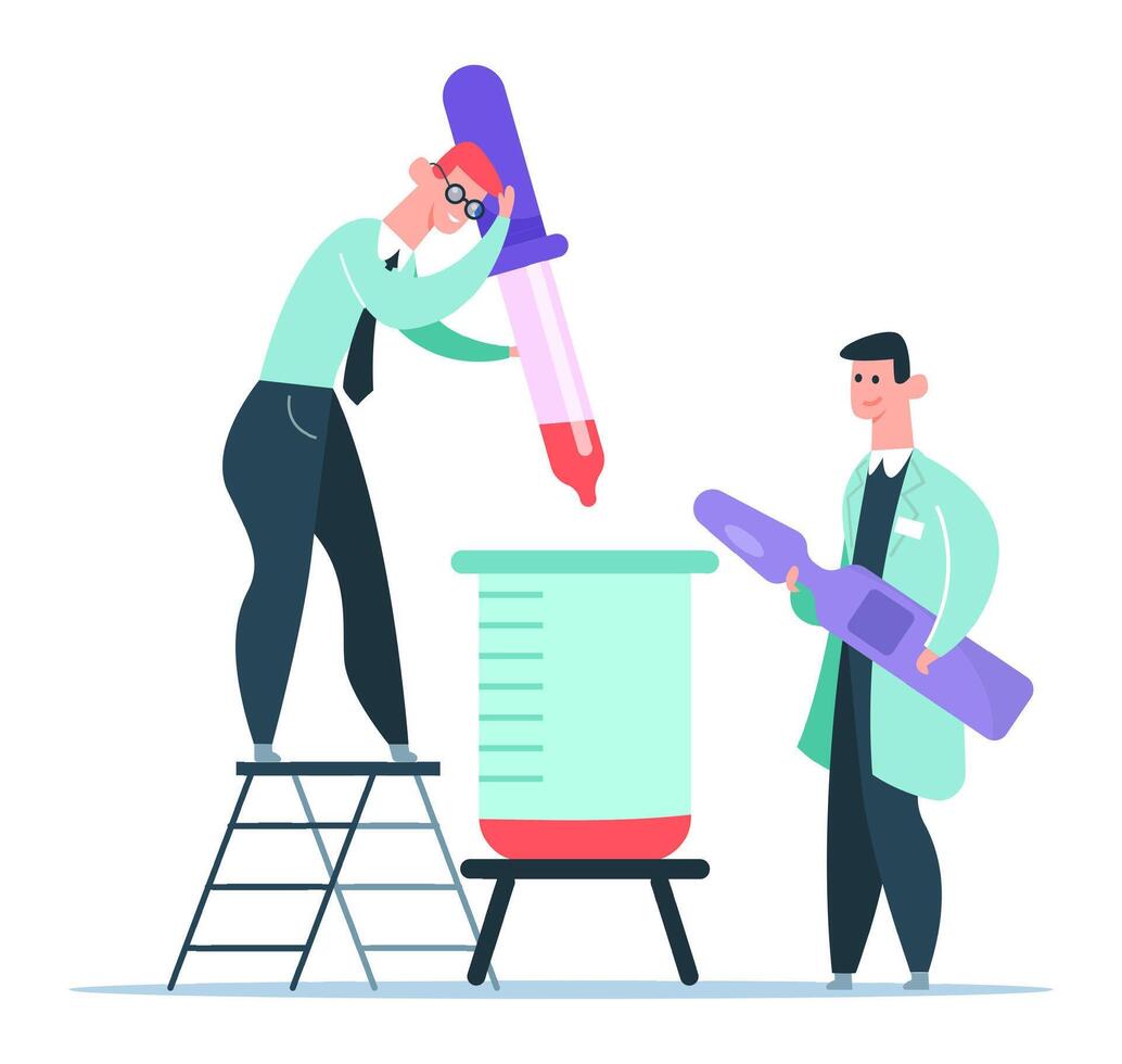 Two male scientists working together in a laboratory, adding reagent to a test tube during an experiment, using a dropper and a large pipette, standing on a ladder and smiling vector