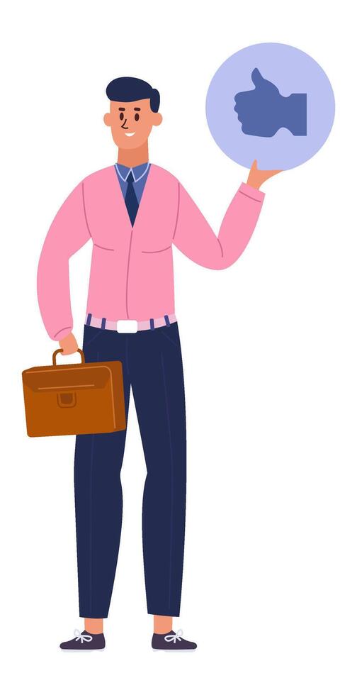 Businessman holding a briefcase giving a thumbs up, symbolizing positive feedback, client satisfaction, and success in social media marketing and communication vector